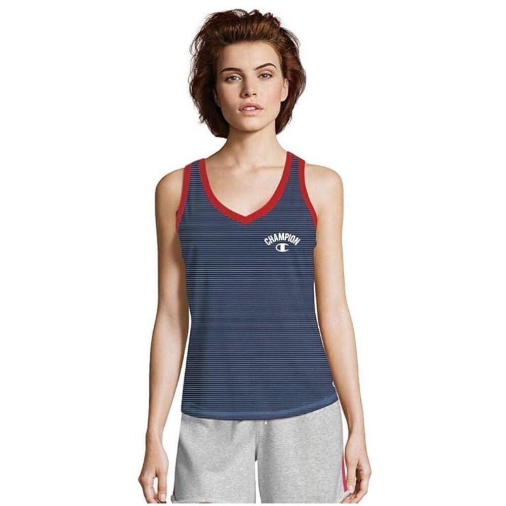 Champion‎ Heritage V-Neck Ringer Tank Top Navy White Striped XS W4914 NEW
